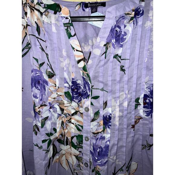 Roaman's Top Womens 24W Tunic Blouse Pintuck Button Lilac Purple Floral Spring - Picture 7 of 12